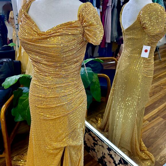 Gold Sequin Super Sexy Maxi Gown Ruched Draped Formal Coquette Dress Train S M - Picture 4 of 11
